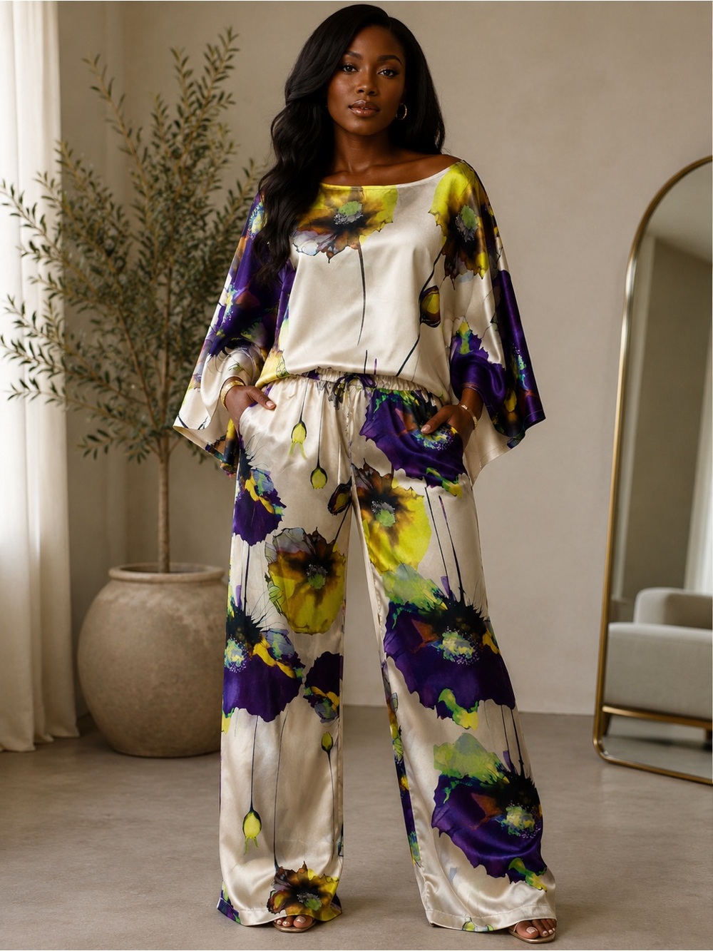 Silky Floral Wide-Leg two-piece in Cream, Purple & Yellow